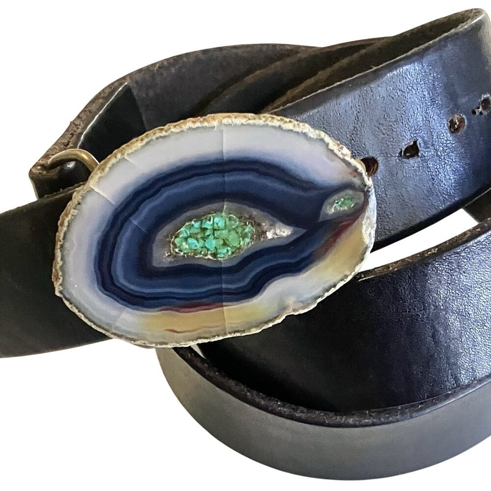 Vintage Agate Geode Slice Buckle Handmade Leather Belt Blue & Turquoise Chip LG